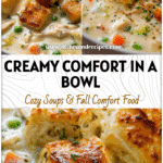 Bowl of creamy chicken pot pie soup topped with golden crust pieces from Natashas Kitchen Soup Recipes